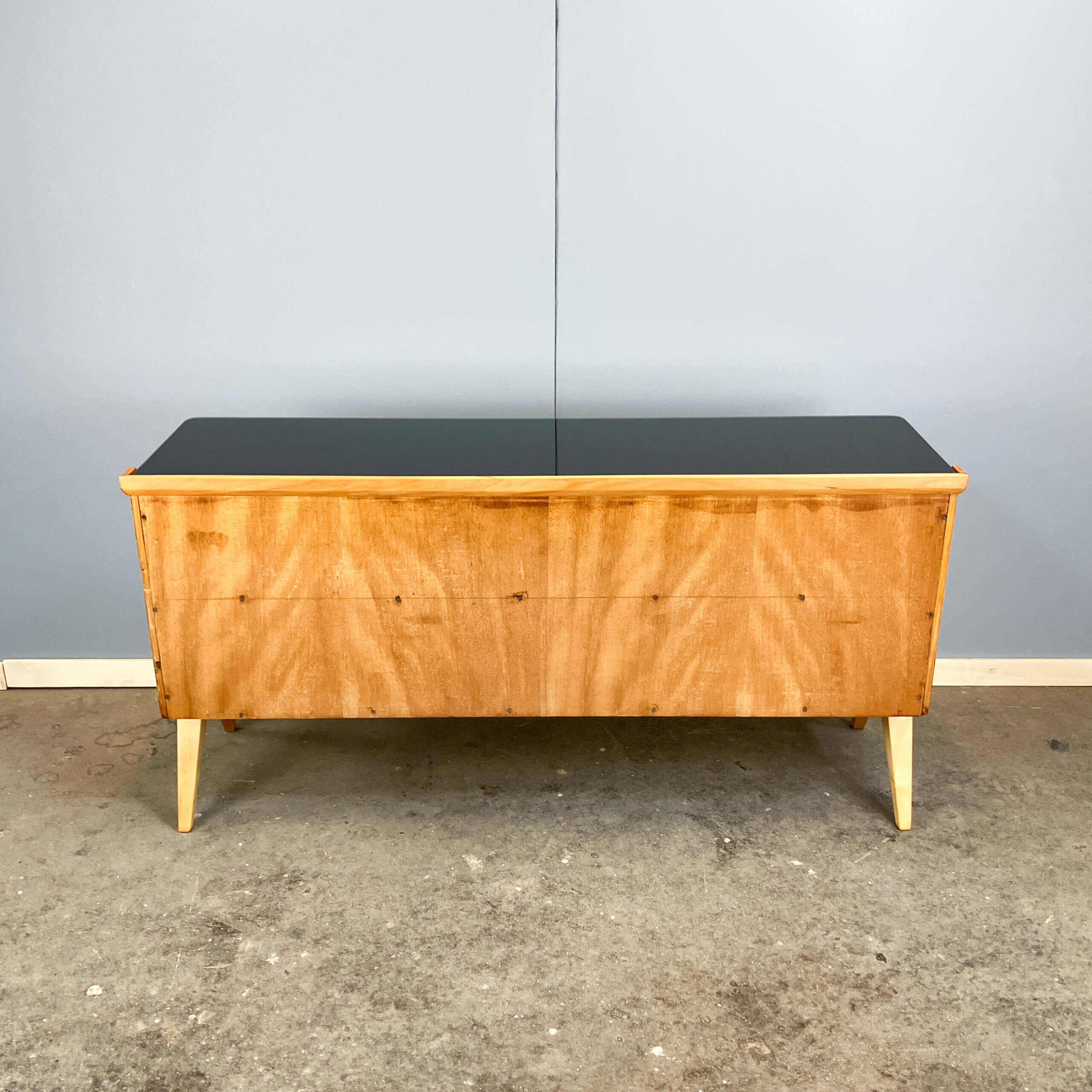Small chest of drawers by WK Möbel with black and white glass top, pear wood, 1950s