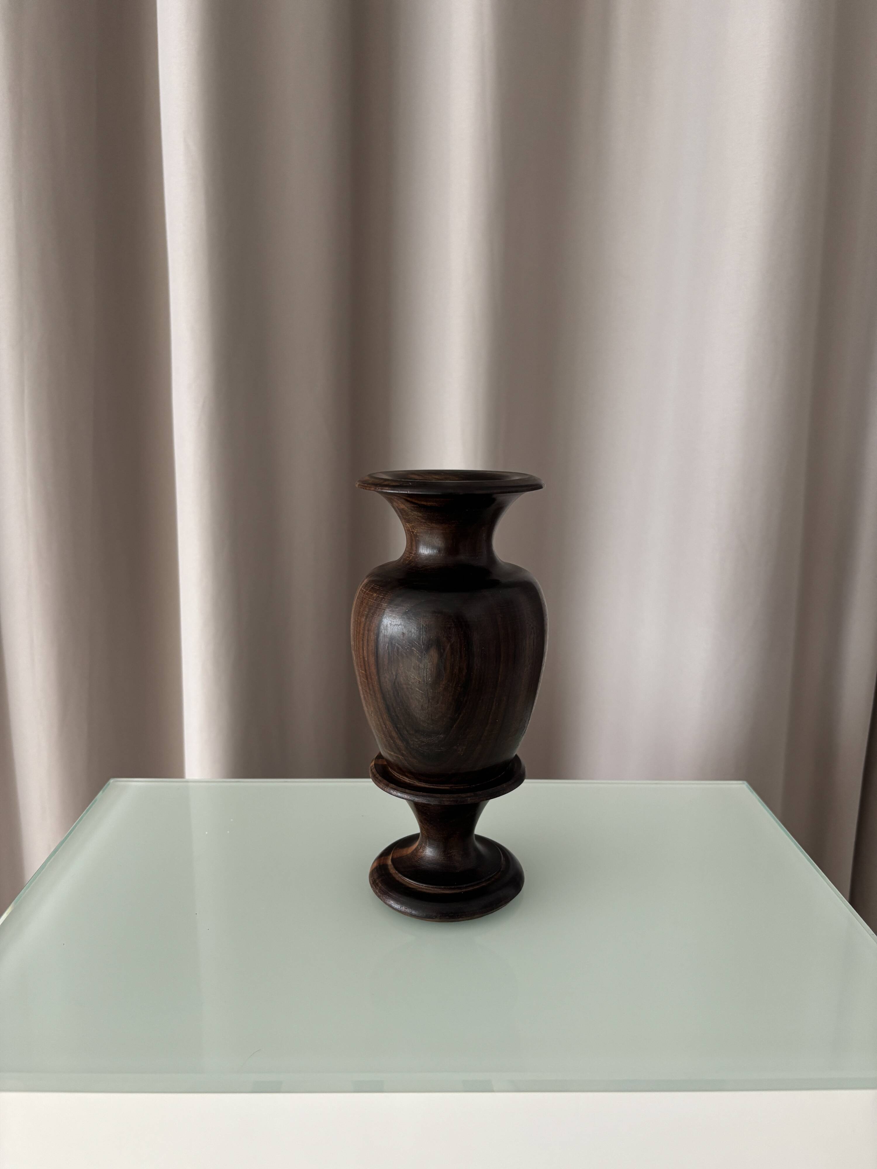 Vintage Sculptural Turned Wood Vase – Dark Hardwood – 20 cm