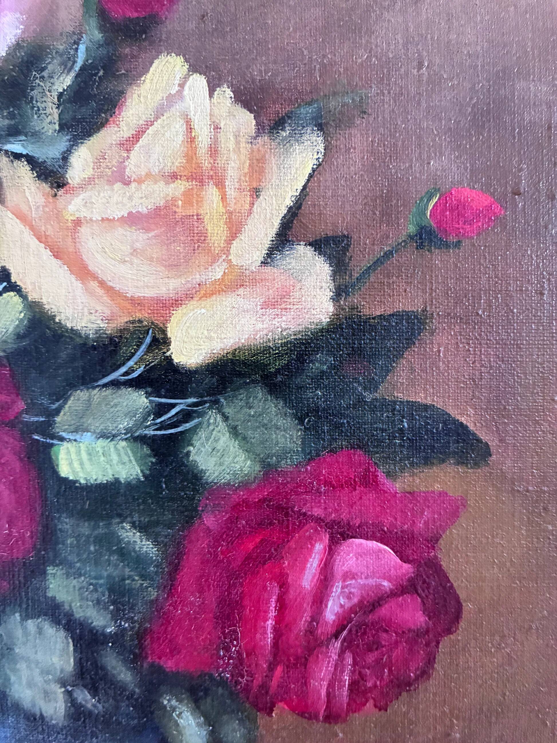 Vintage original floral rose oil painting, signed flower art