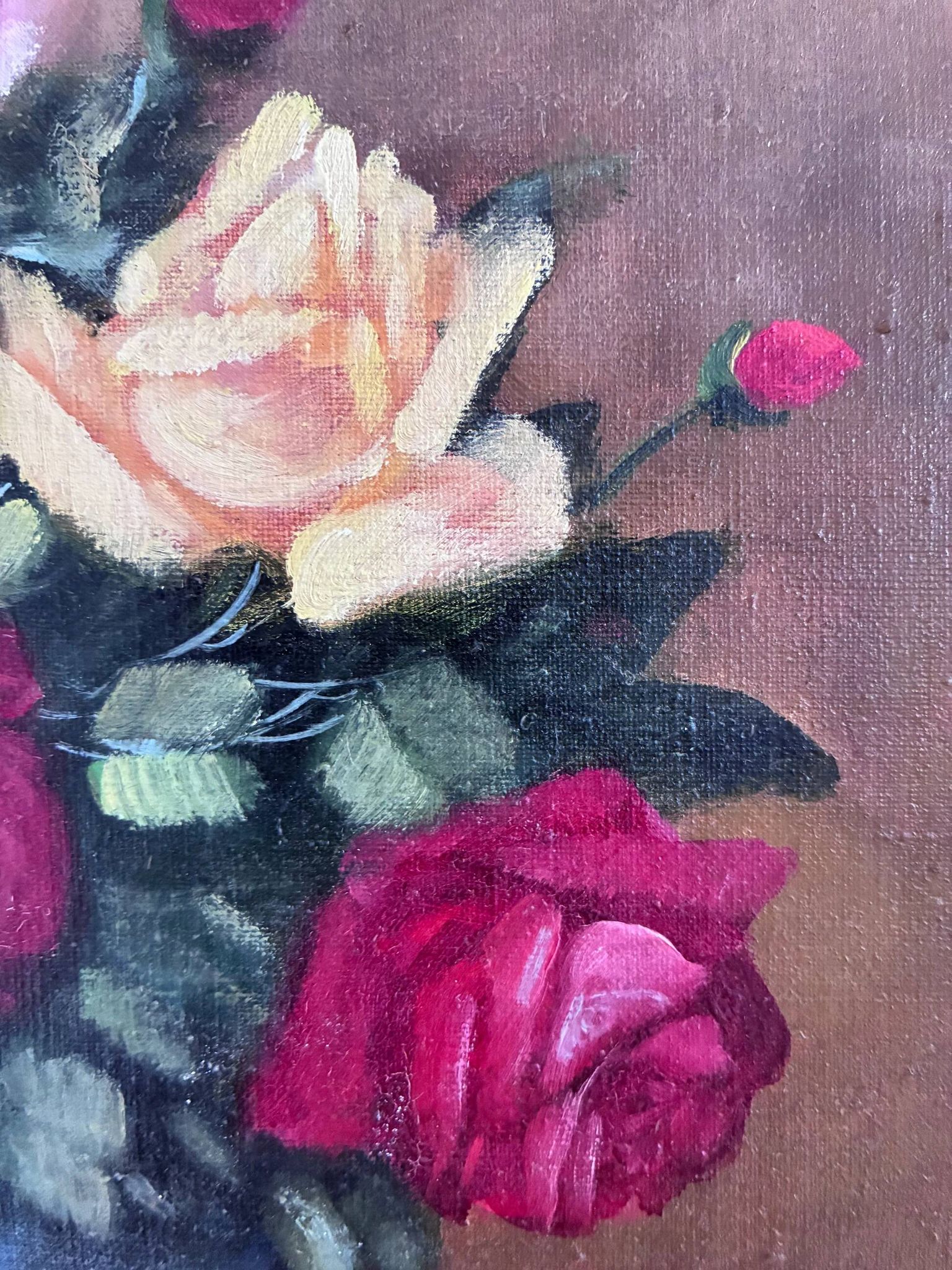 Vintage original floral rose oil painting, signed flower art