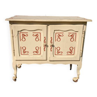 ancien meuble en bois tv en bois peint sur roulette circa 1950