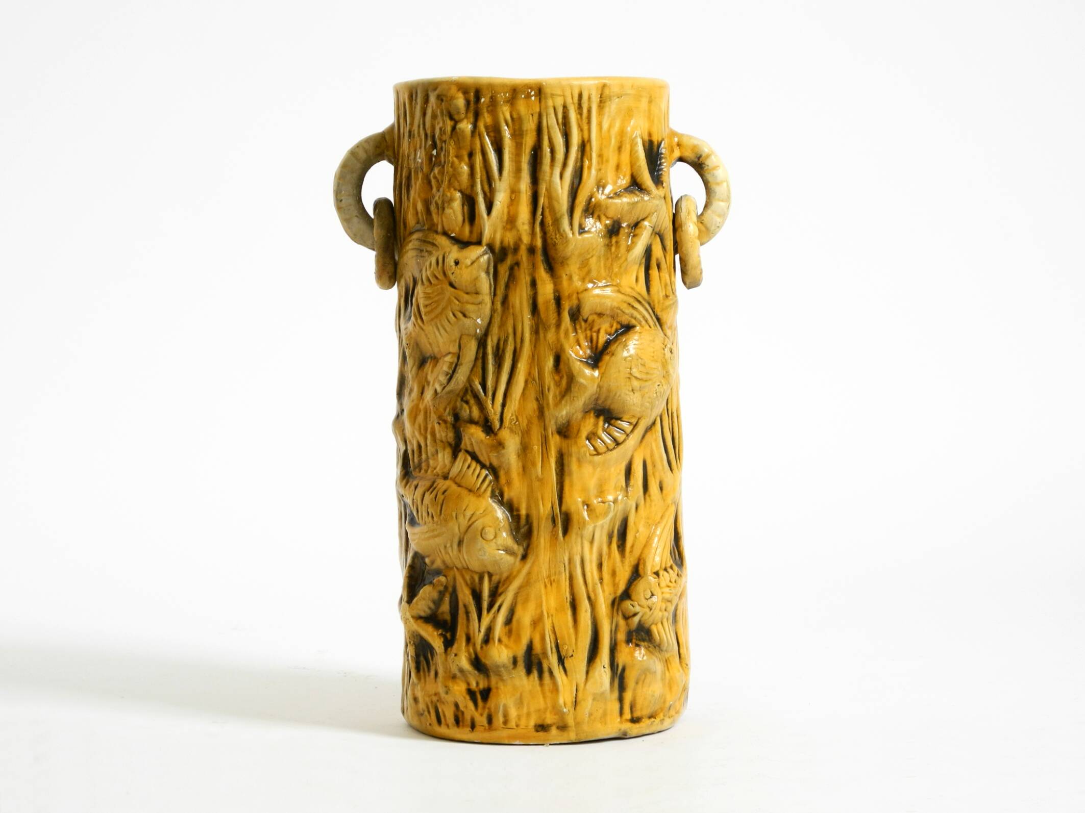 Large handmade glazed ceramic floor vase, handled vase with maritime motifs