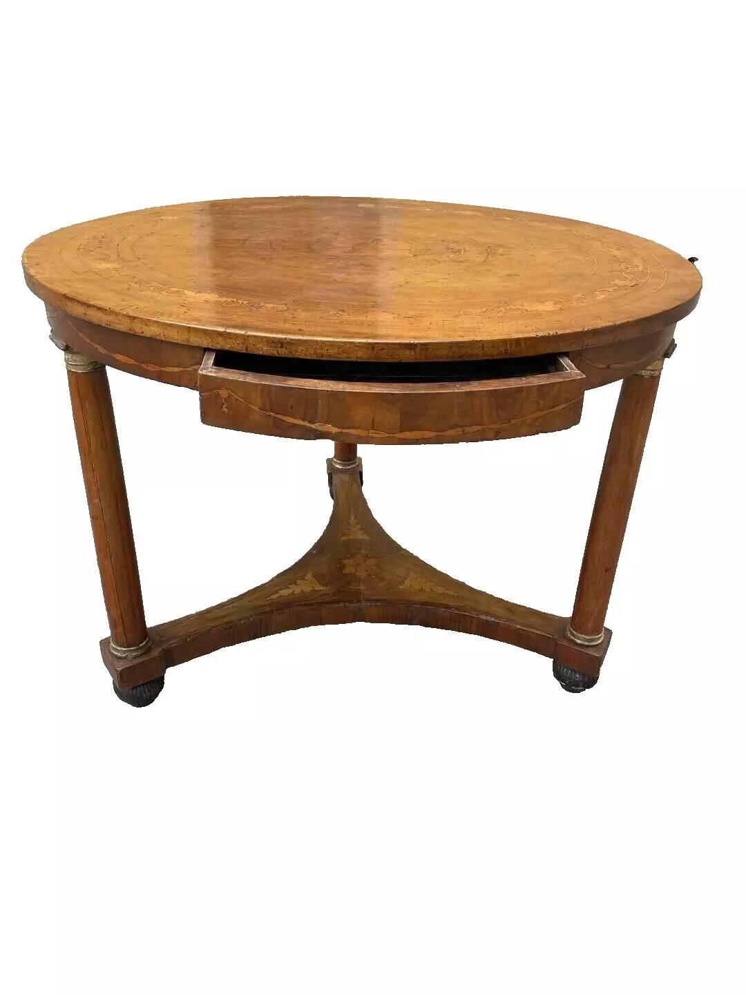 Antique round marquetry Empire table from the early 19th century