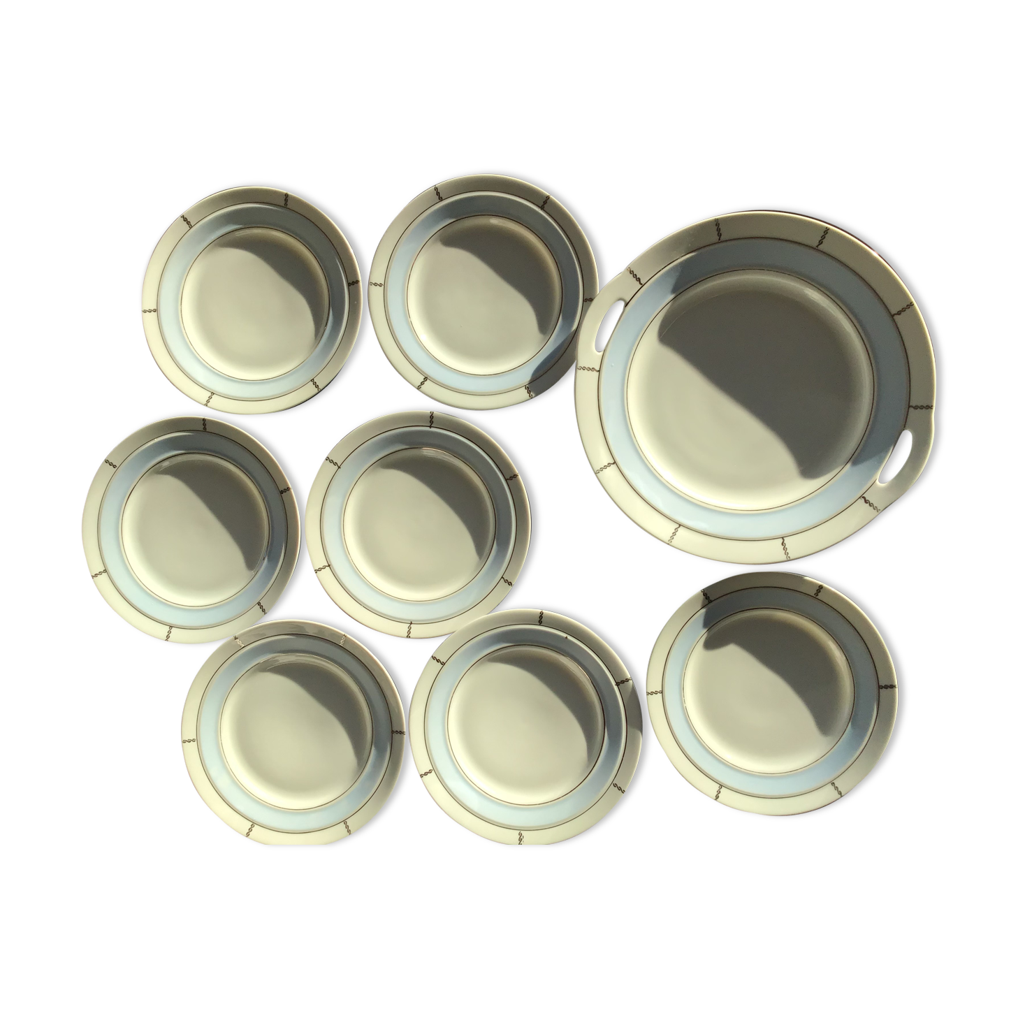 7 Dessert plates + dish in fine sky blue porcelain