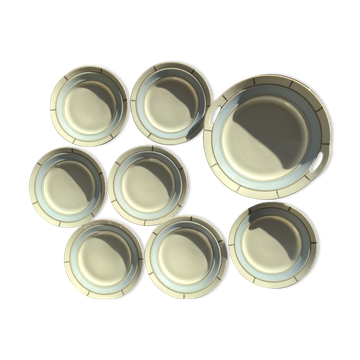 7 Dessert plates + dish in fine sky blue porcelain