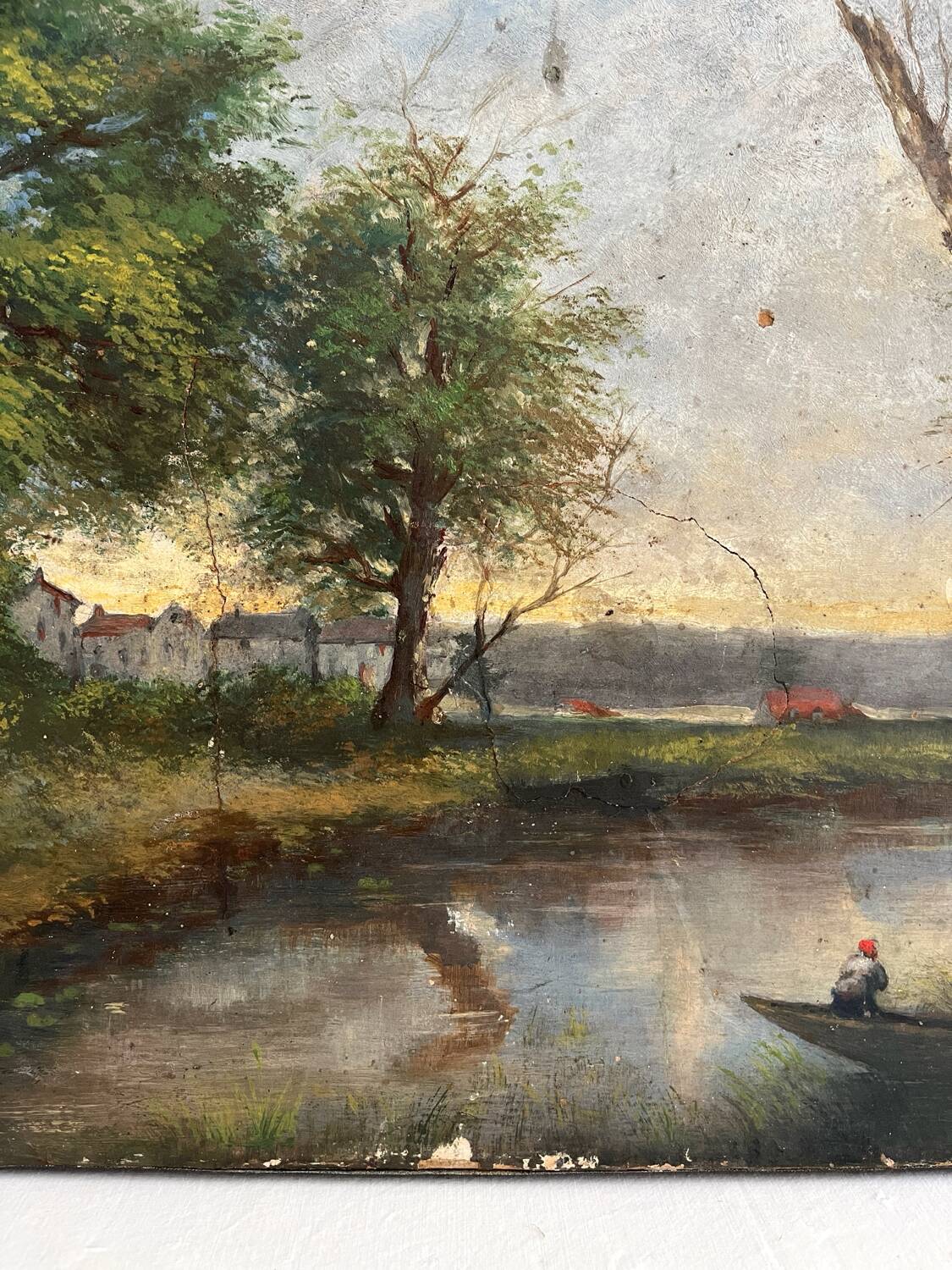 Old oil painting on canvas of a landscape by the pond.