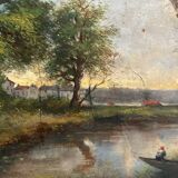 Old oil painting on canvas of a landscape by the pond.
