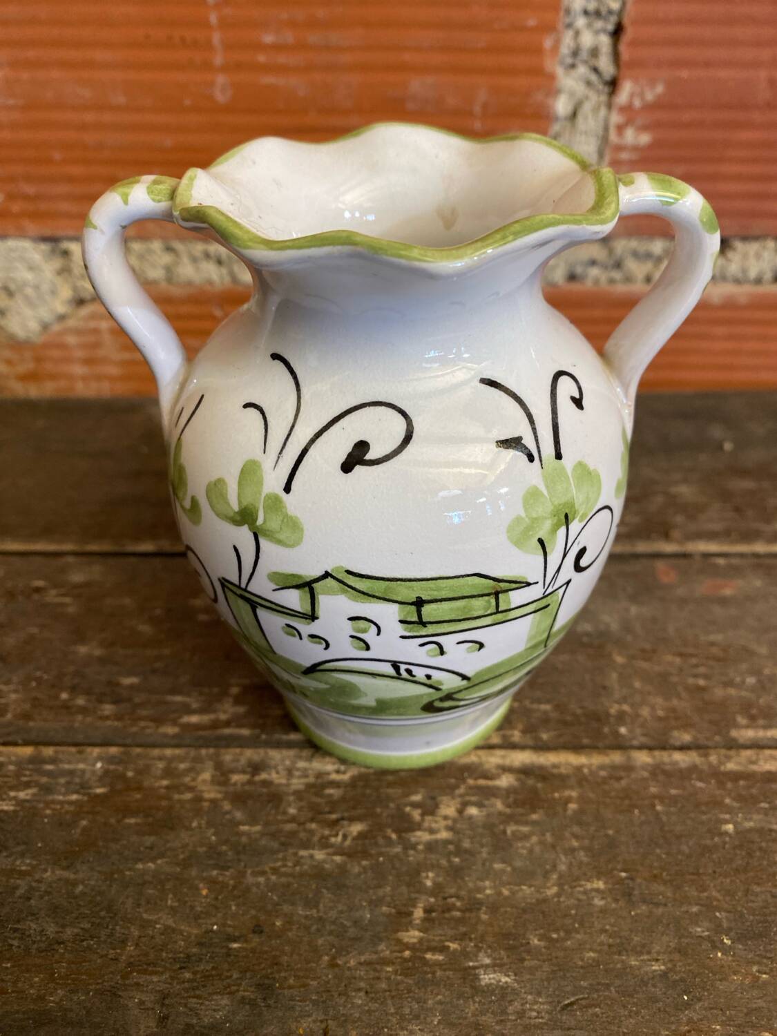 Vintage White Ceramic Vase with Green Landscape Decor from the 1970s
