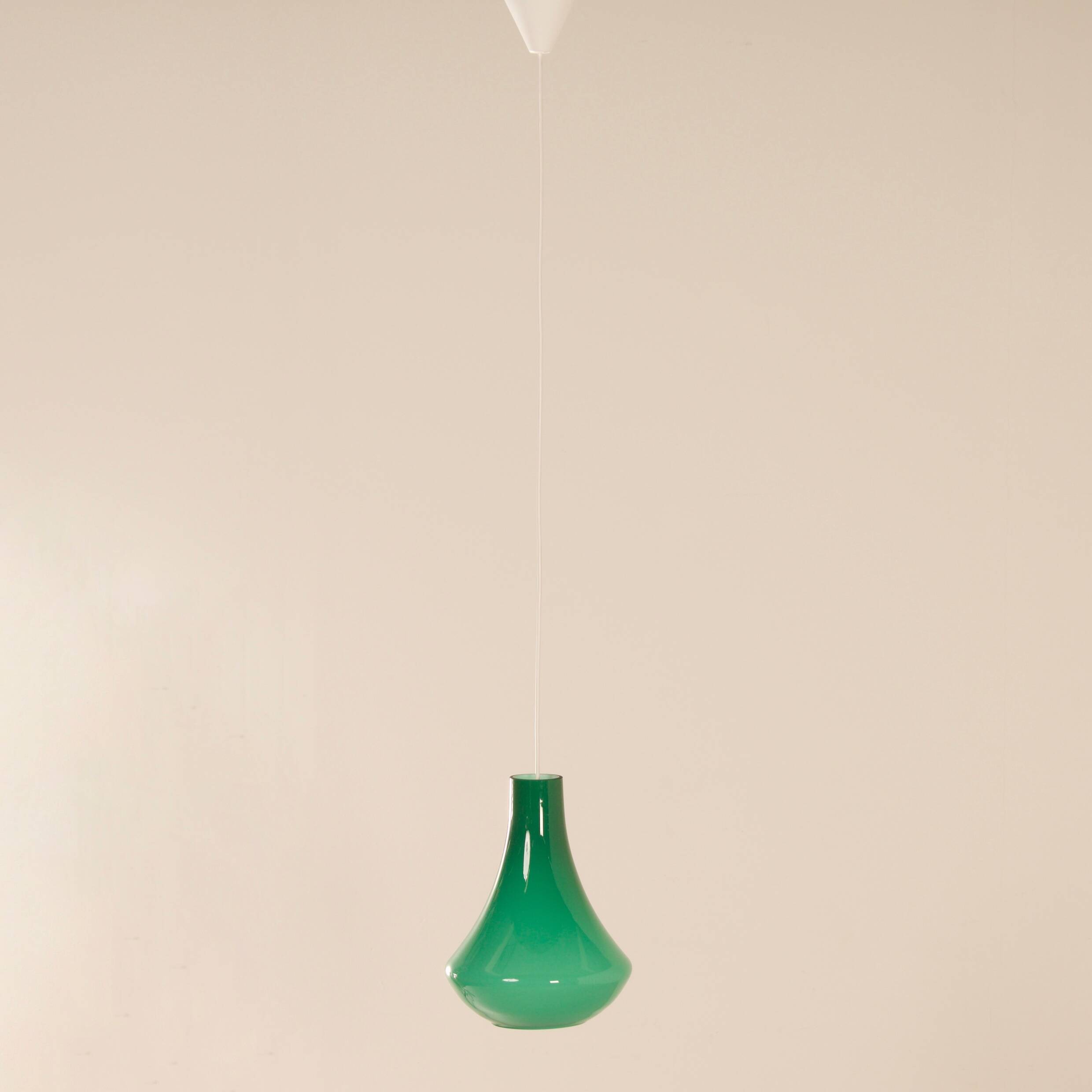 French Pendant Lamp in Green Opaline Glass, 1960s