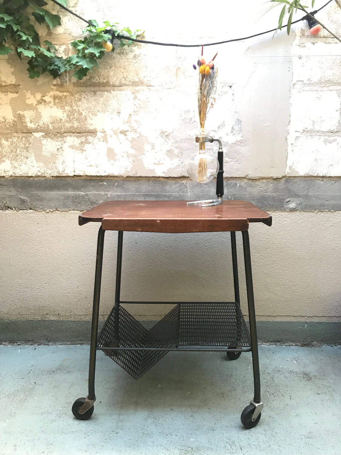 Vintage side table / serving trolley on wheels, signed Tubauto Levalloi