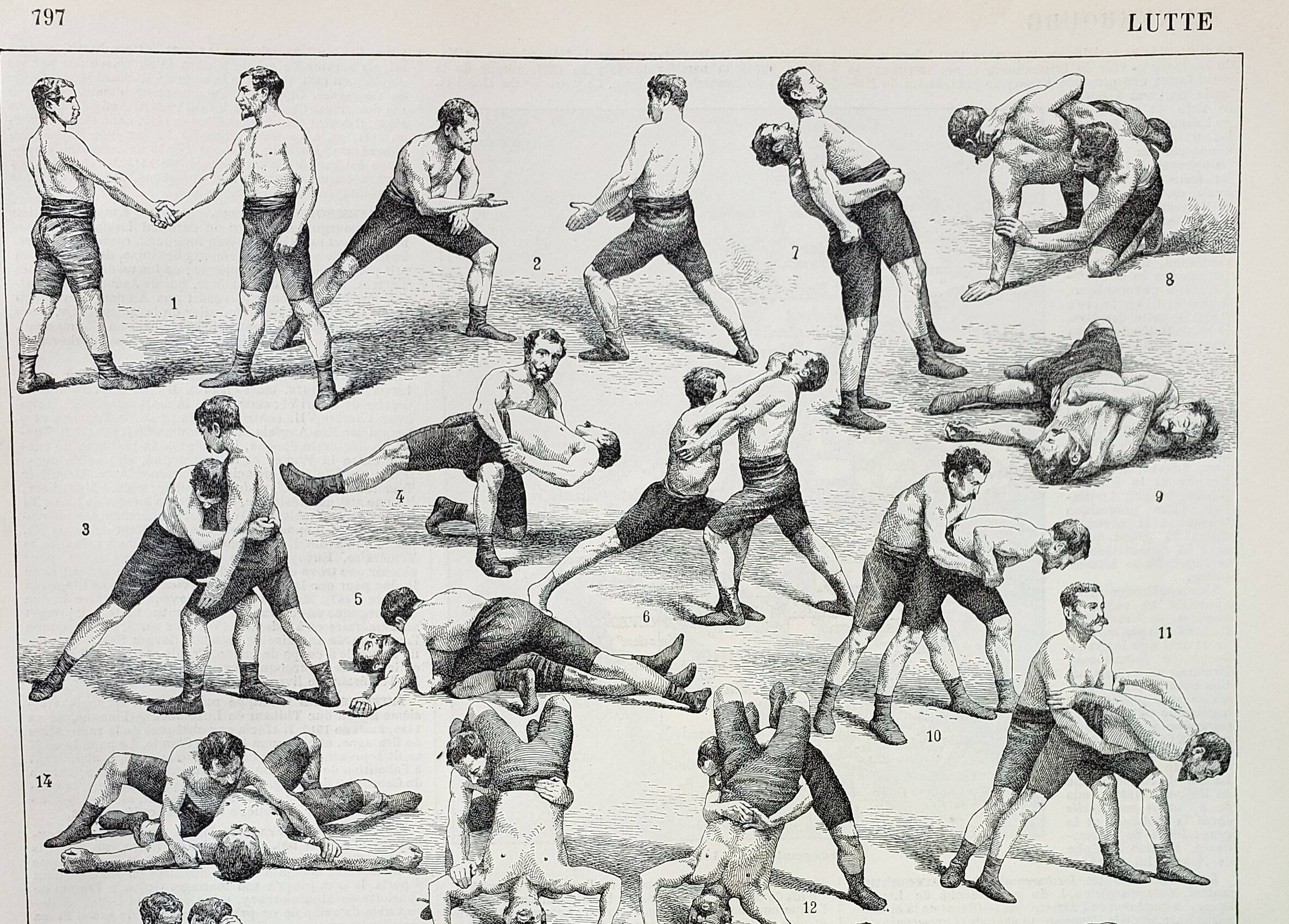Old engraving 1898, Wrestling, combat sport, boxing • Lithograph, Original plate