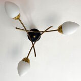 Chandelier 3 fires modernist metal and brass, 3 opalines 60s french design ceiling lamp suspension