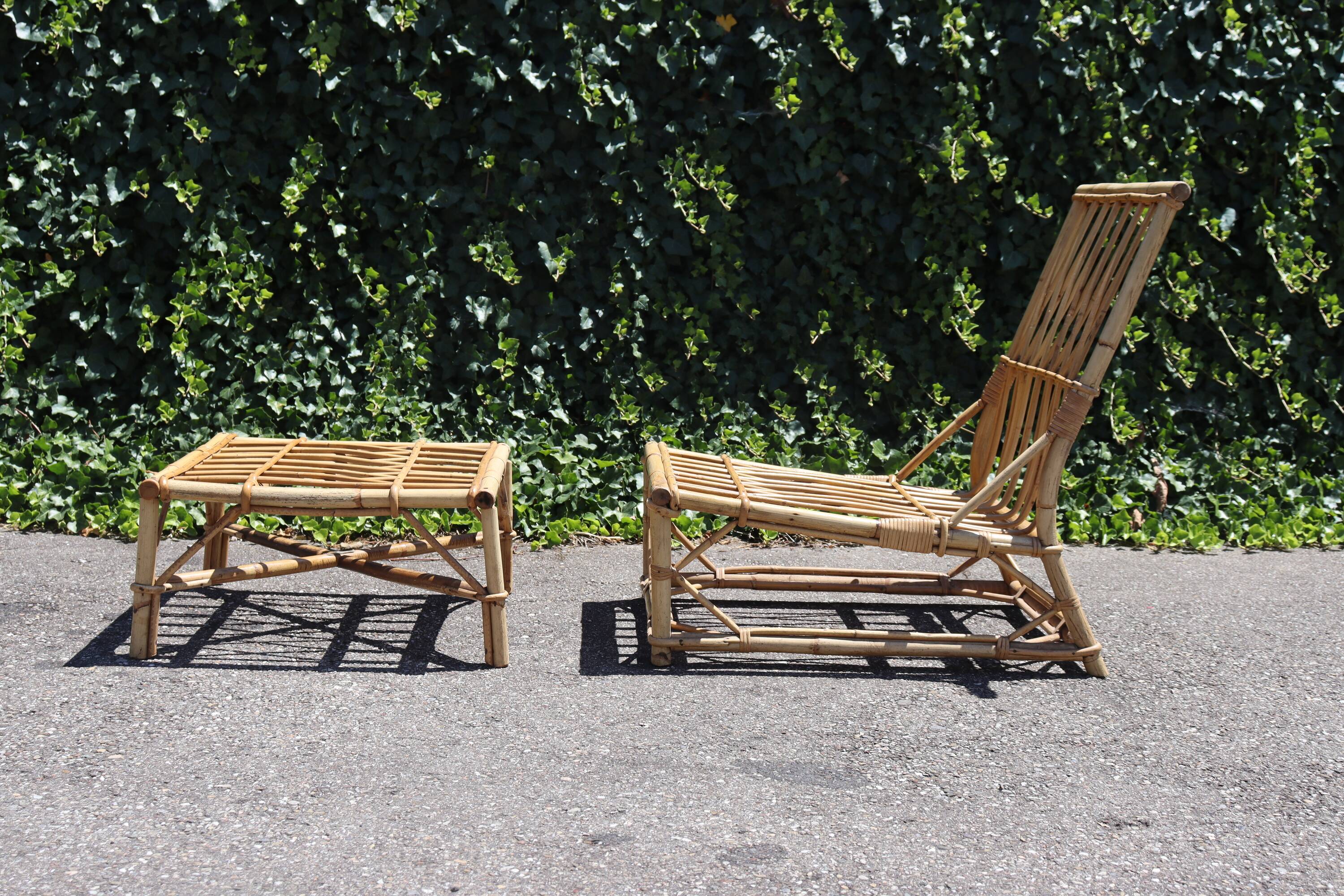 Rattan armchair and its footrest by Audoux & Minet 1950