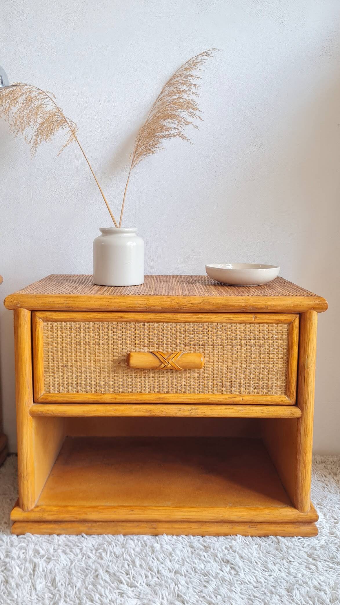 Pair of vintage rattan bedside tables from the 1970s.