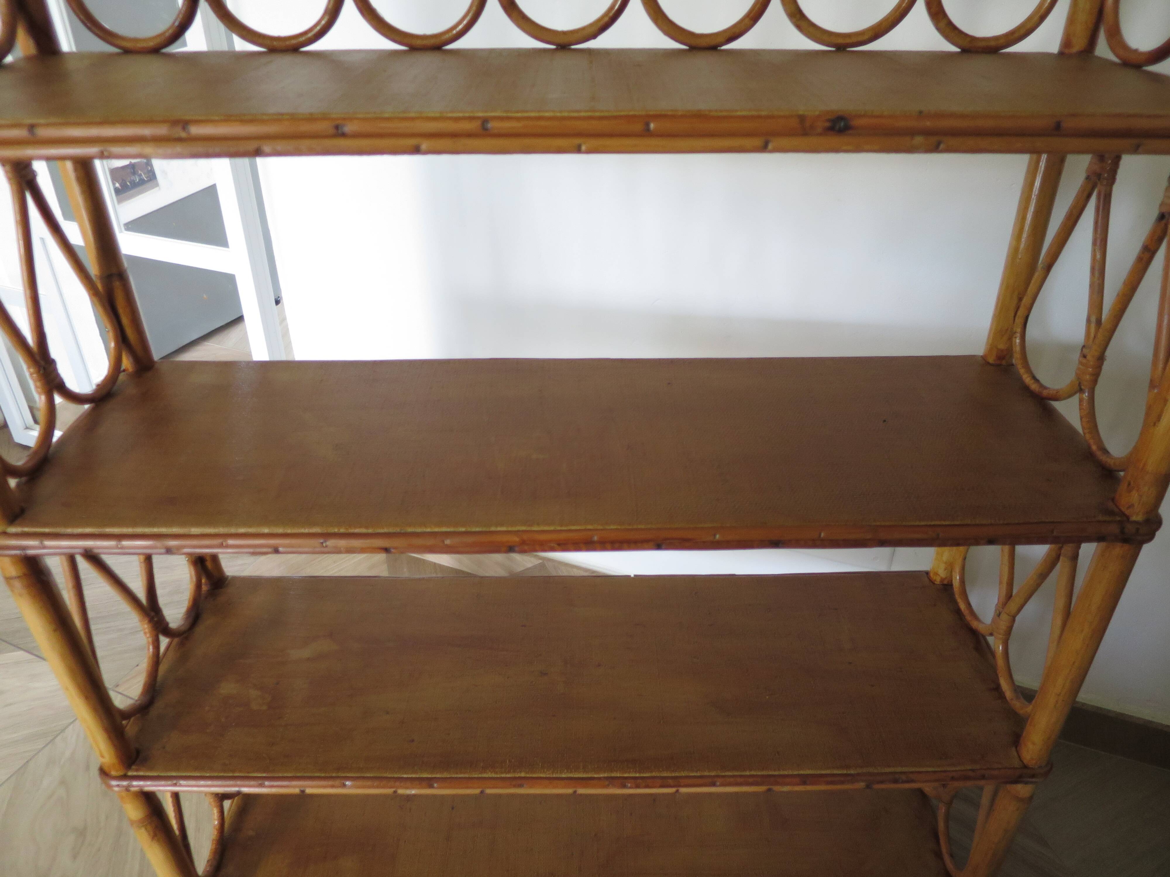 Wooden and rattan bookcase, 1970s-1980s