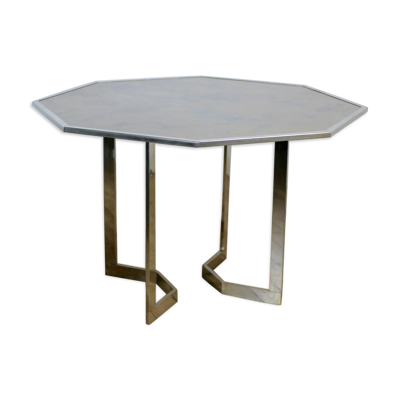 Table acier chromé et plateau verre France circa 1970