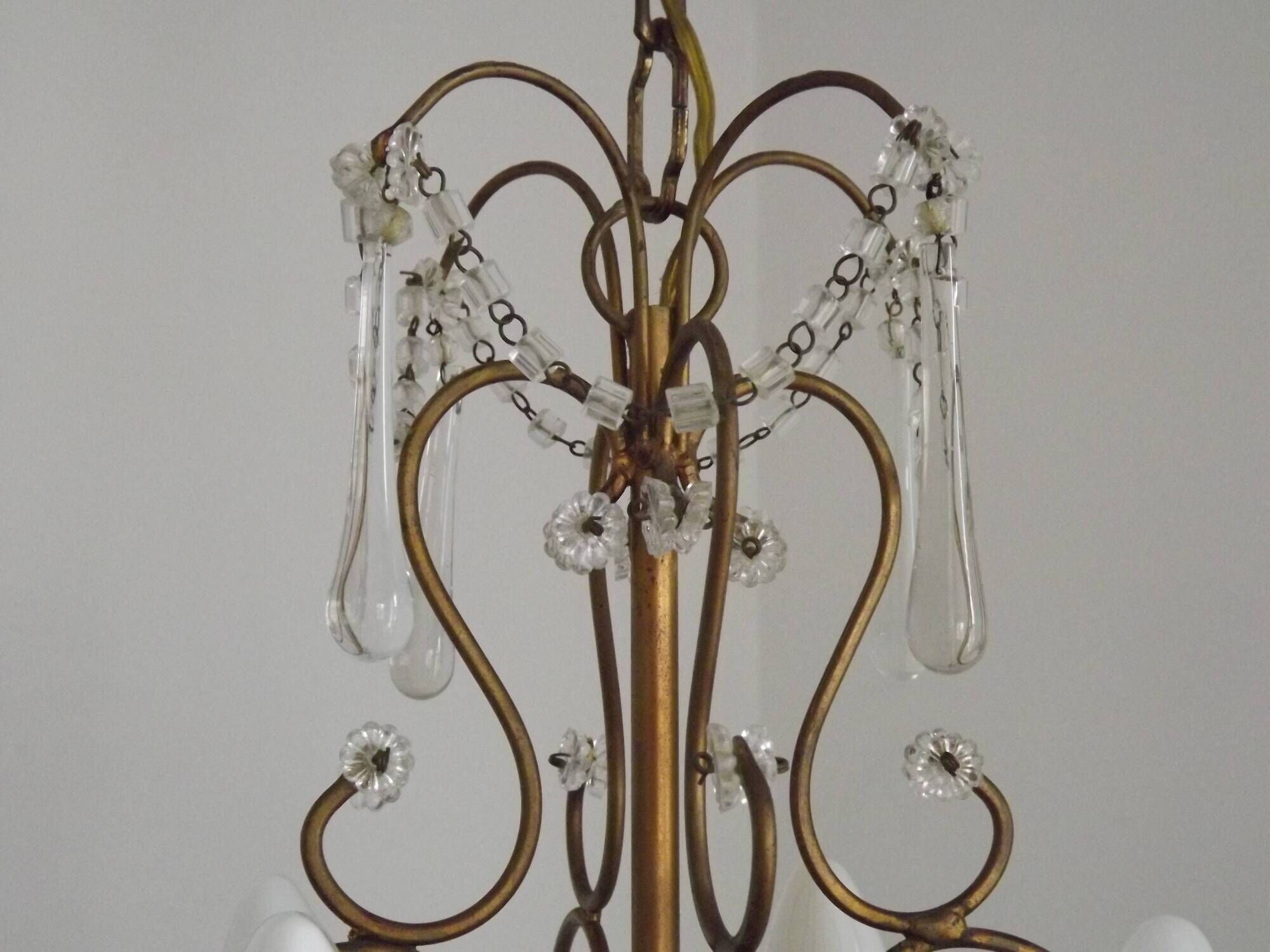 Vintage French 4 Arm Gilded Metal Cage Chandelier Beads Clear Murano Drops