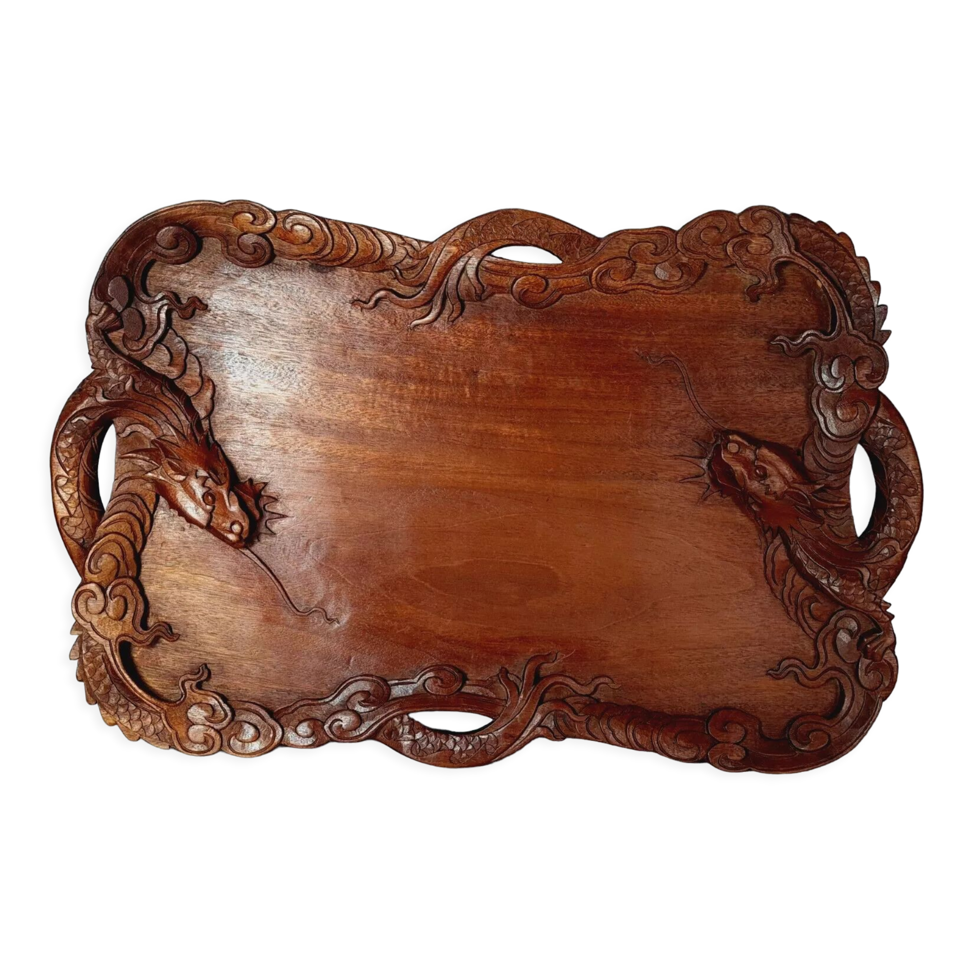 Ancient wooden tray carved with Chinese dragons around 1900