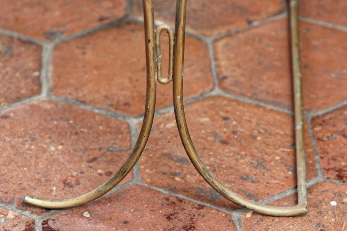 Sofa end, coffee table, wrought iron and glass