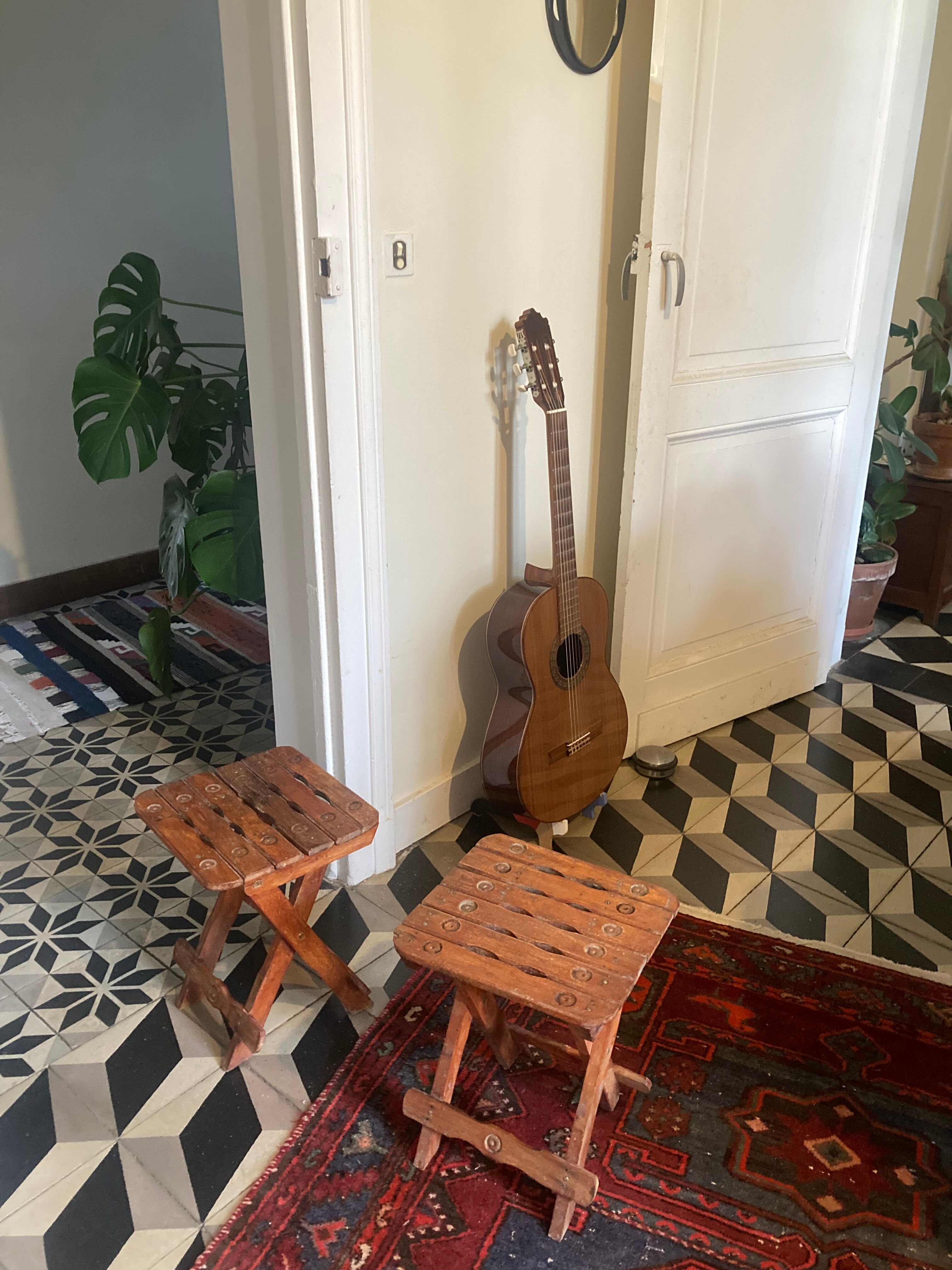 Pair of vintage folding wooden stools from Tyrol mountain