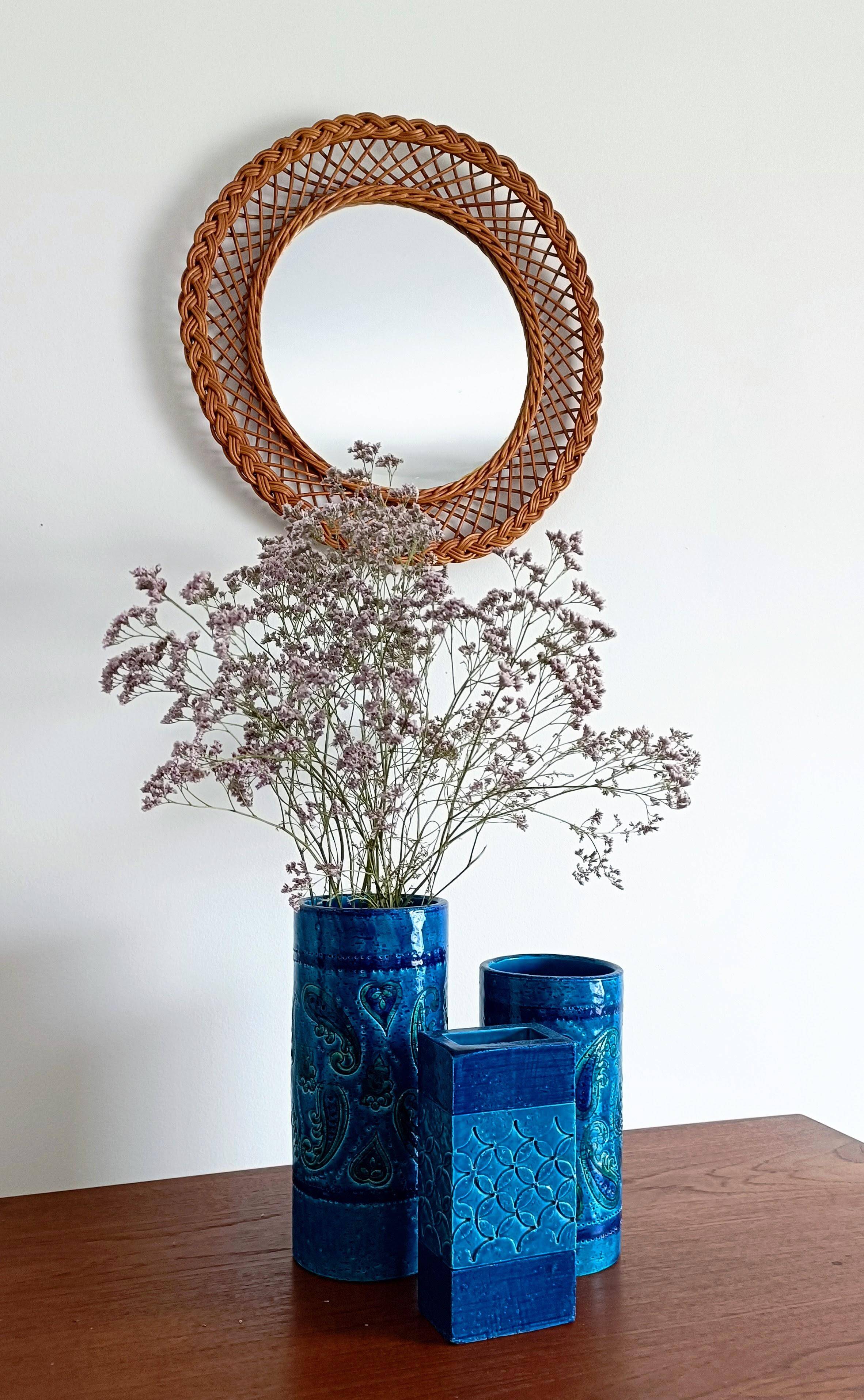 Rustic French Provence Wicker Round Mirror, Organic Modern, Handmade, France