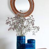 Rustic French Provence Wicker Round Mirror, Organic Modern, Handmade, France