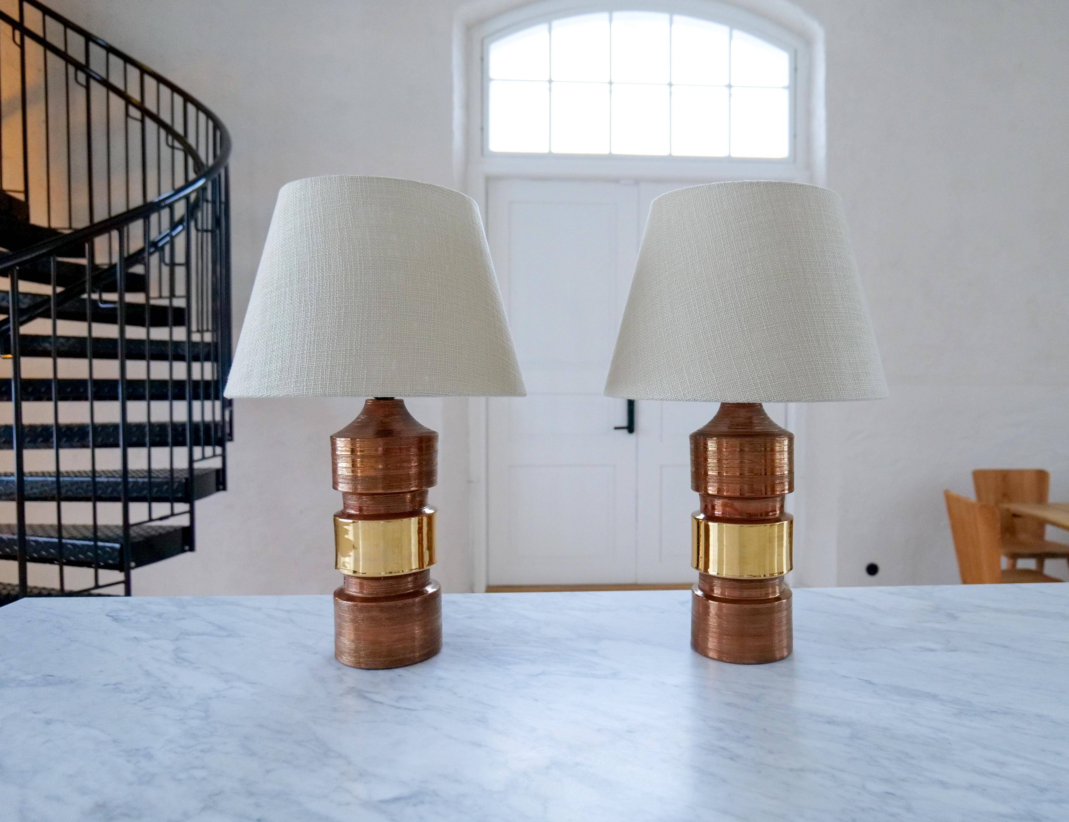 Vintage Bergboms Bitossi table lamps, ceramic with copper glaze, Sweden 1960s.