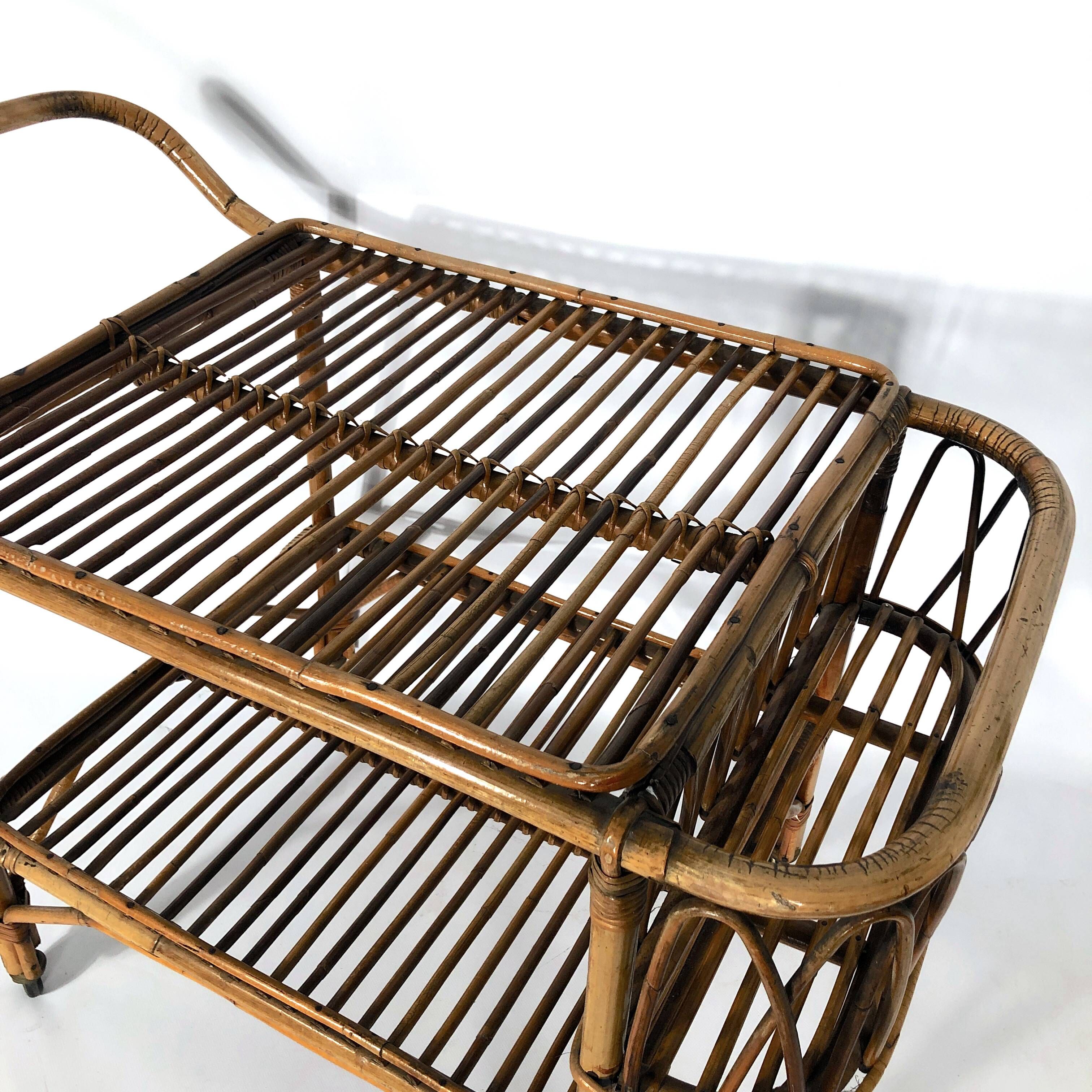 Vintage bamboo bar trolley from 50s. Made in Italy