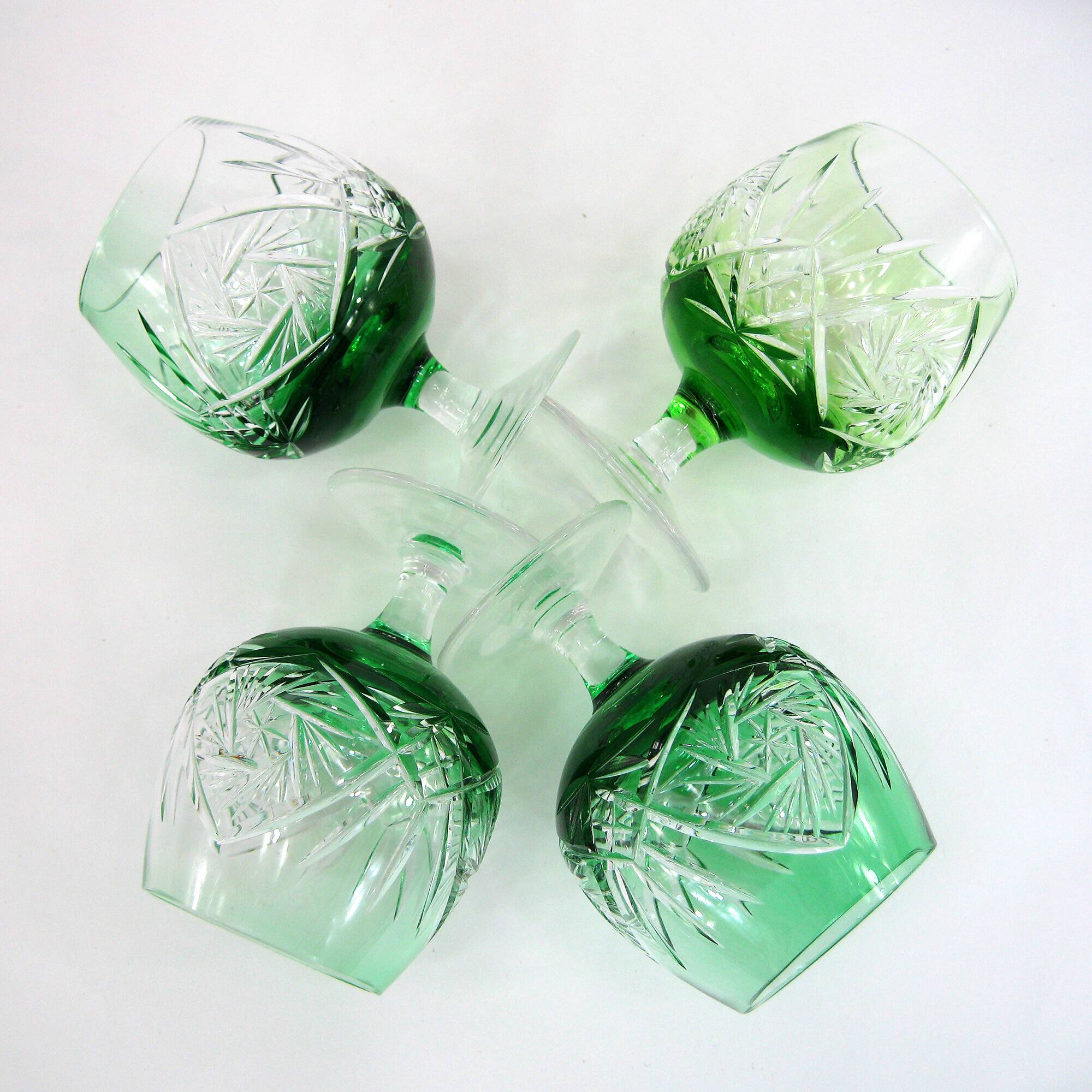 4 green cut crystal liqueur glasses - made in Germany - vintage 60s