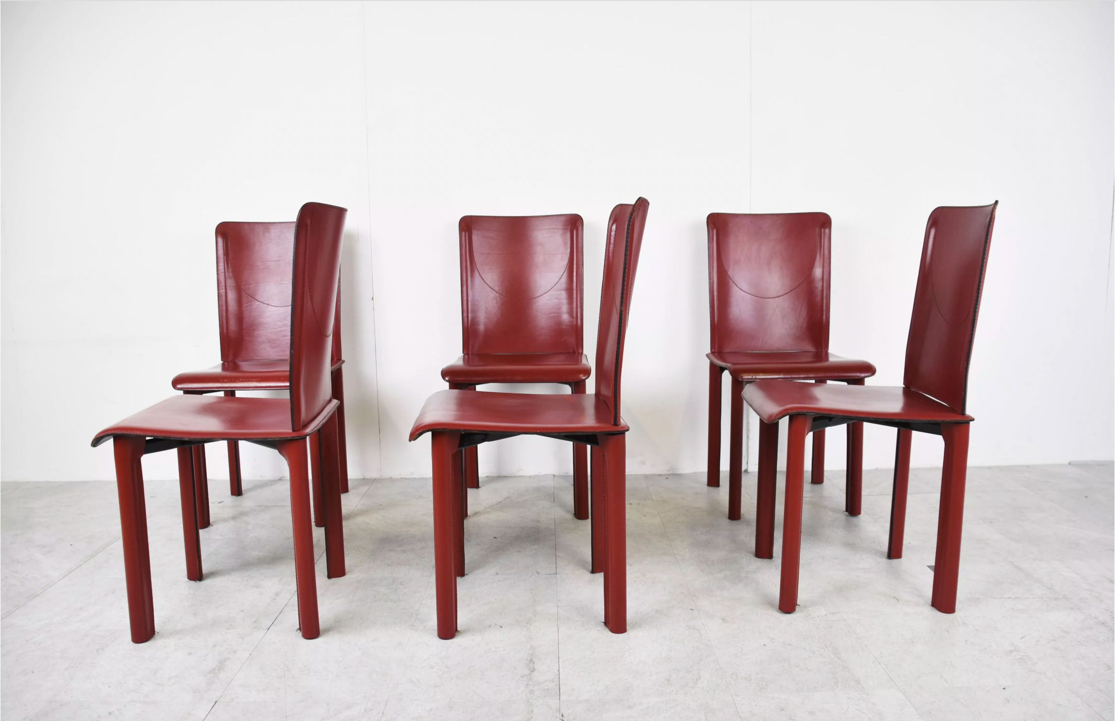 6 red leather dining chairs made in Italy, 1980s