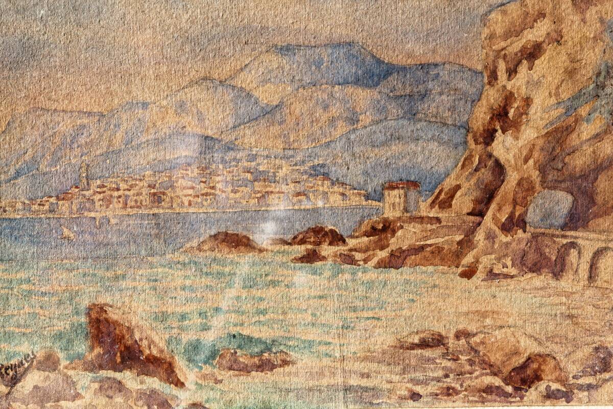 Signed watercolor, red rocks of Menton