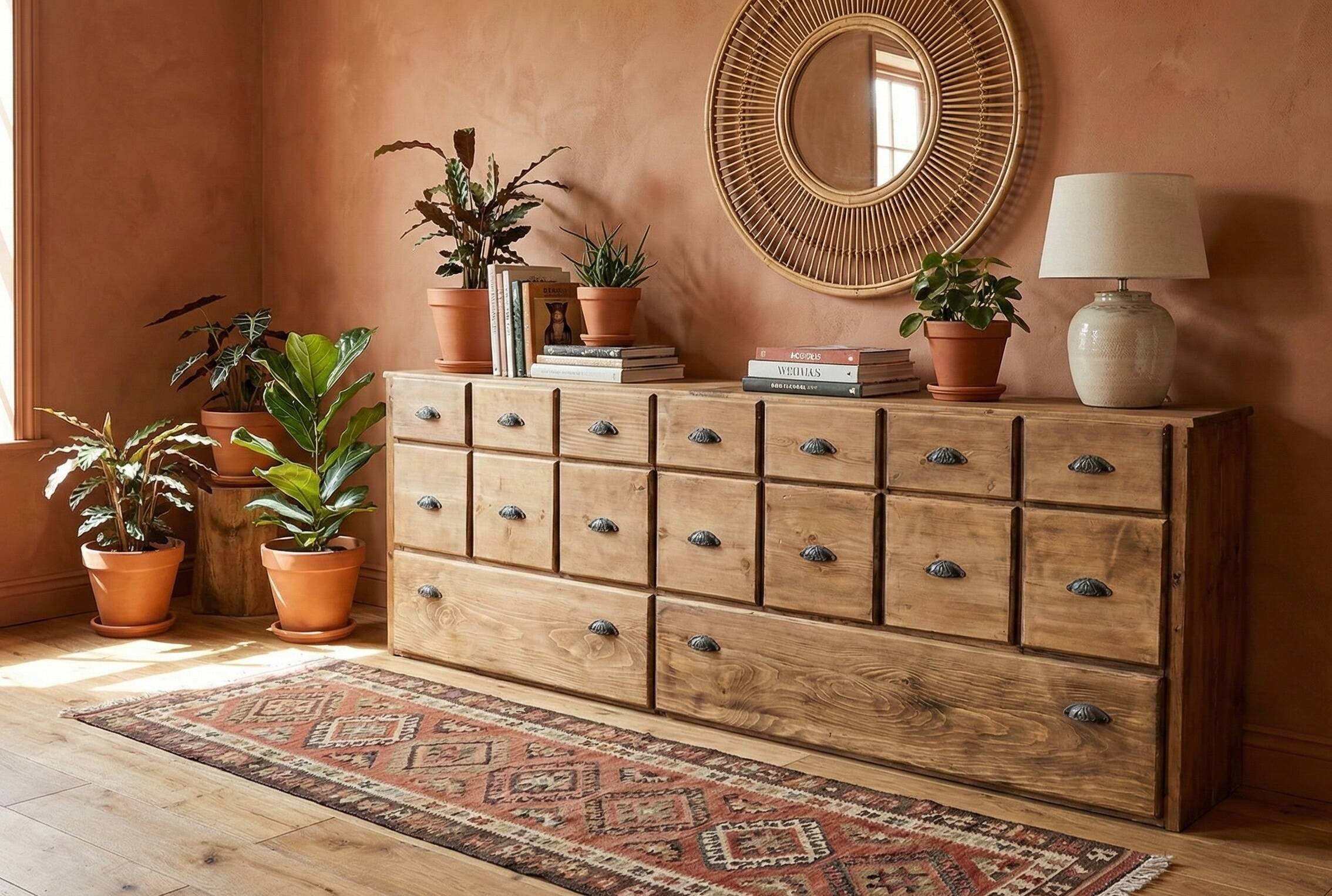 Grand Meuble de Métier en Pin à tiroirs