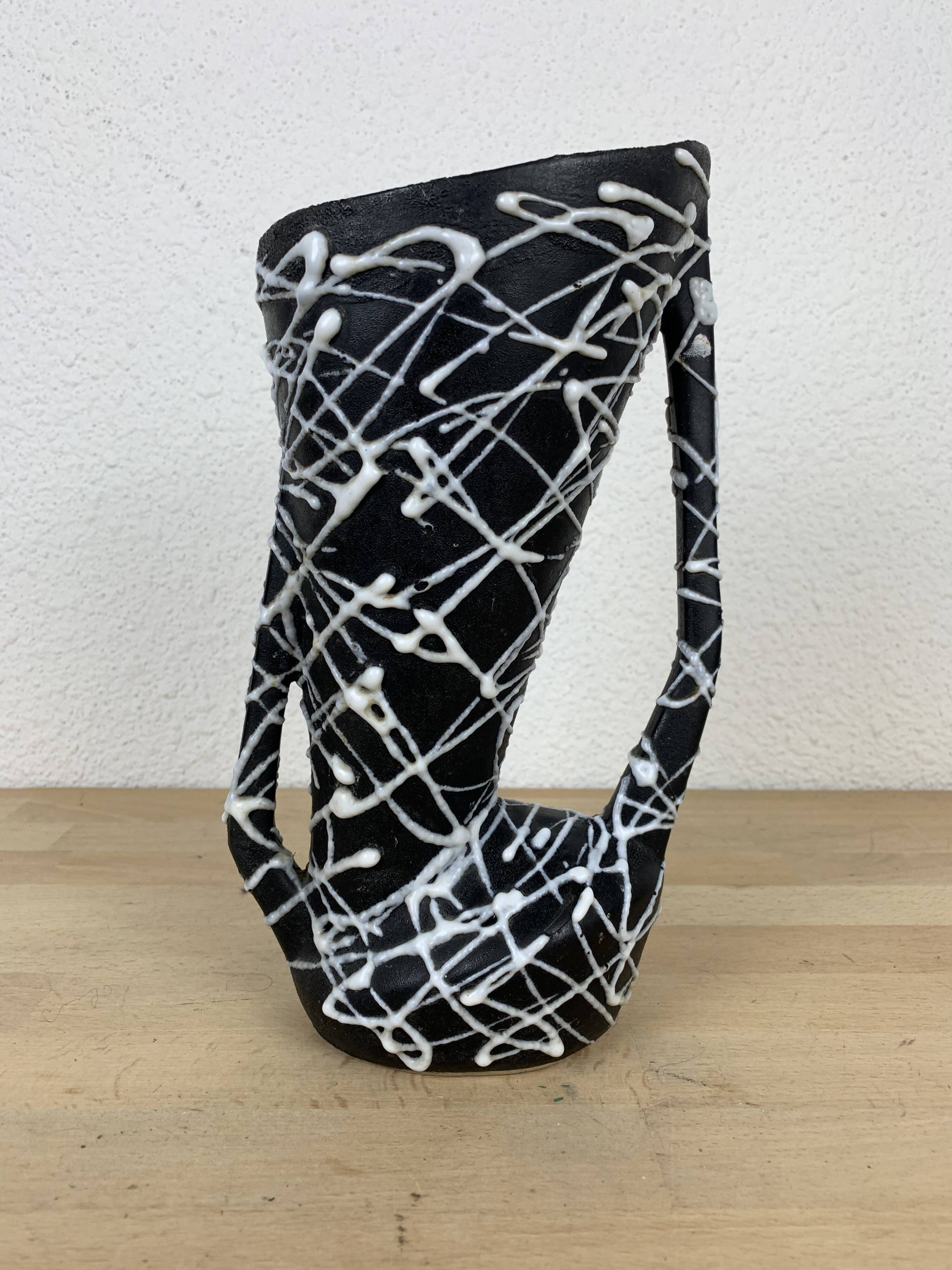 Spaghetti vase free form ceramic Vallauris 50s, red and black