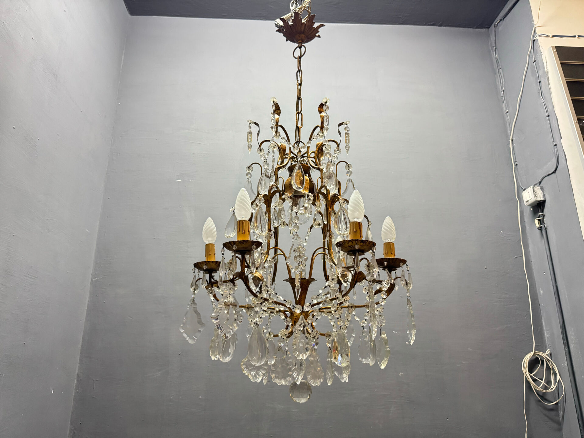 Large Gilded Florentine Tole and Crystal Chandelier, 1950s