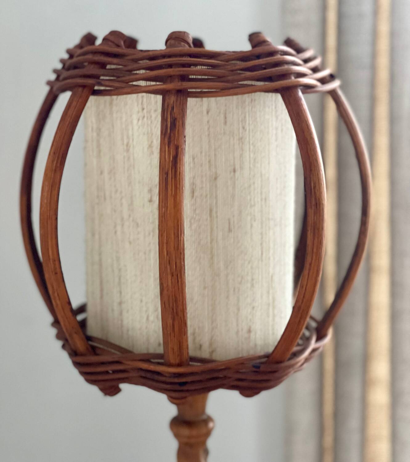 Turned wood lamp.