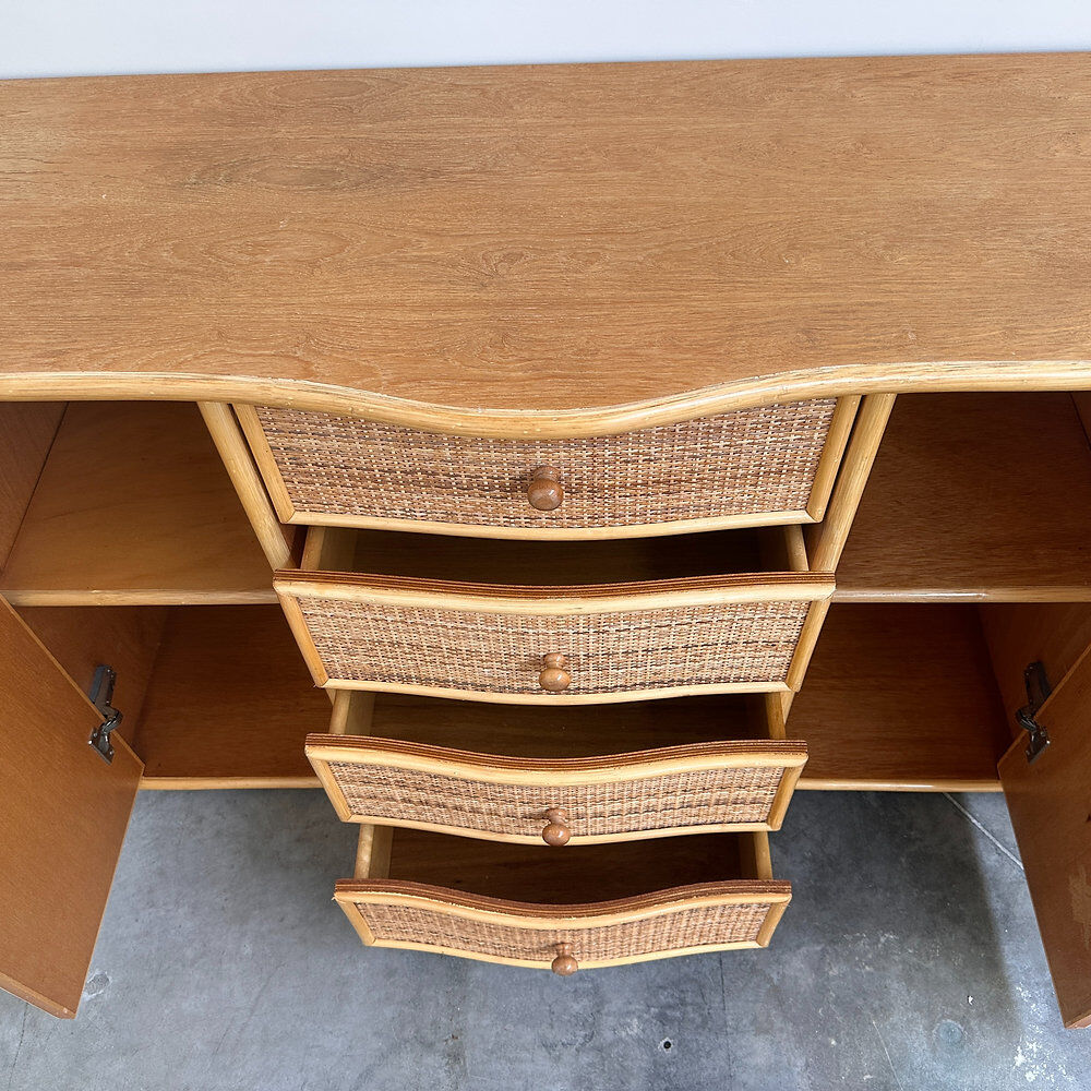 Vintage curved rattan sideboard, coastal credenza, wicker cabinet, boho buffet
