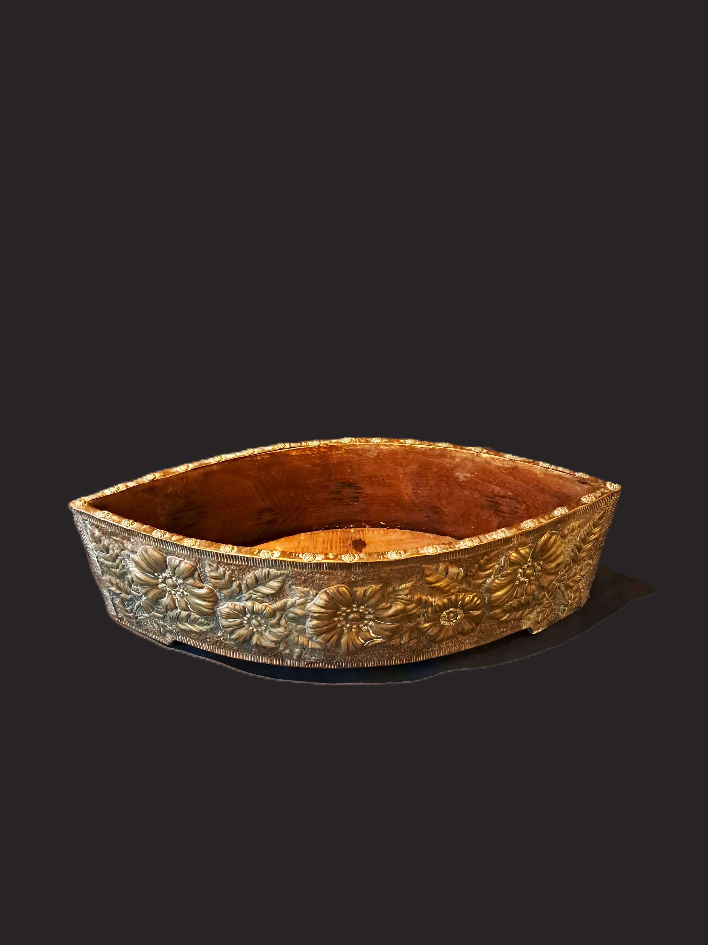 Art Nouveau Cachepot Planter in Marquise Shape with Floral Decoration in Lai