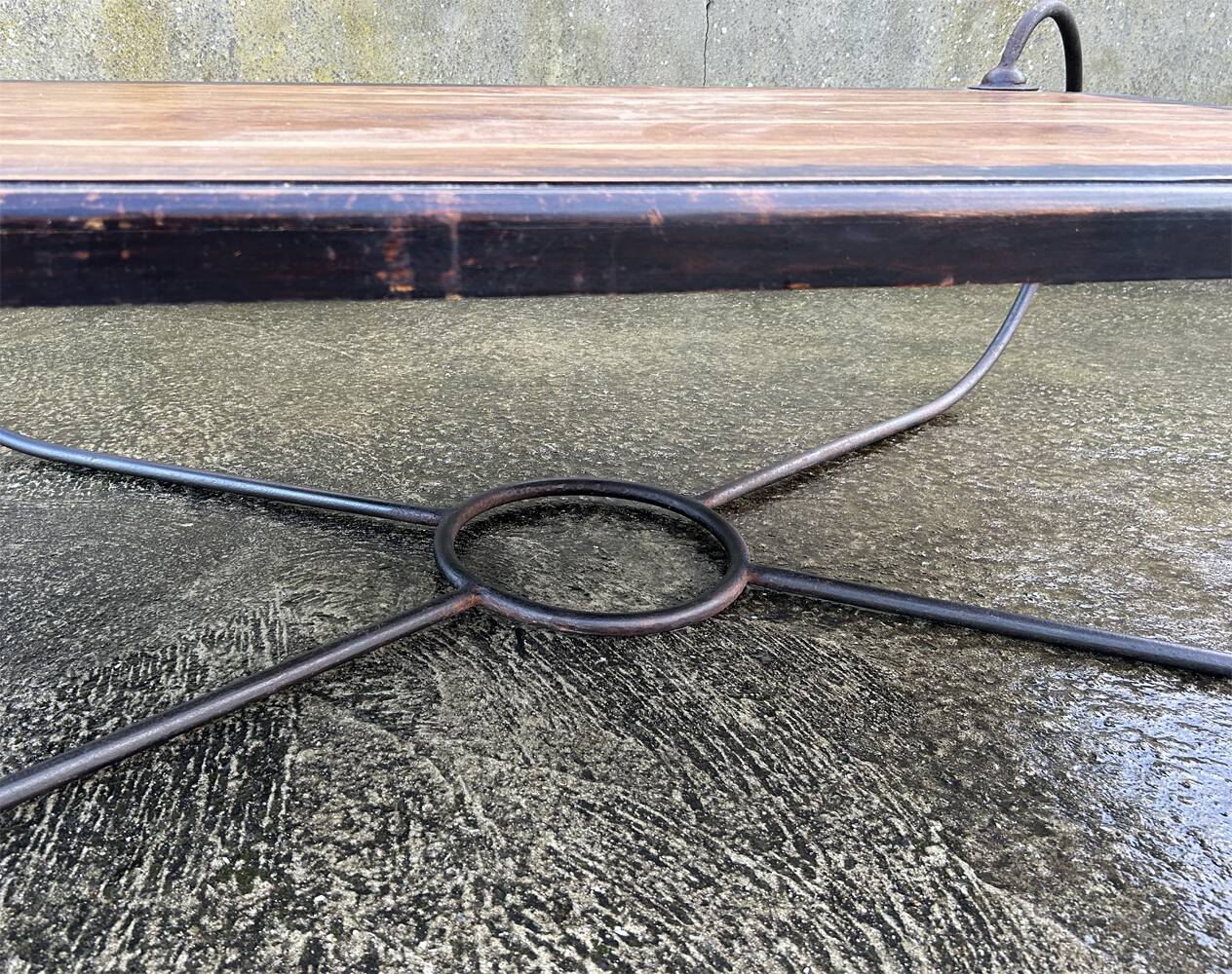 Large coffee table, wood and wrought iron, industrial spirit, vintage, 80s