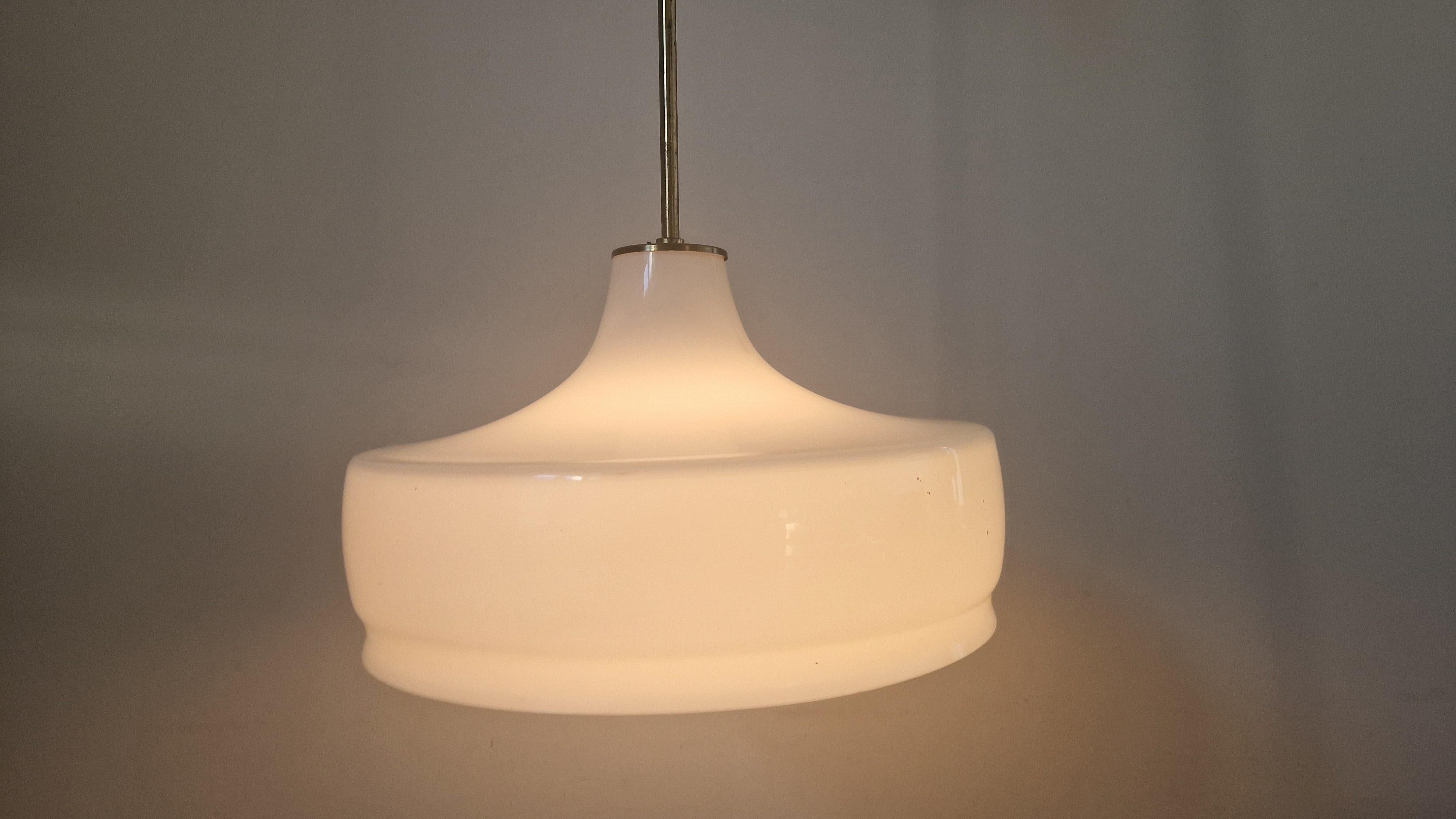 Rare Midcentury Brass and Milk Glass Pendant Kamenicky Senov, 1970s