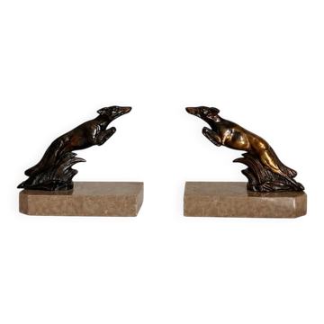 Serre-livres marbre et métal bronze art déco, chien lévrier, bibliothèque