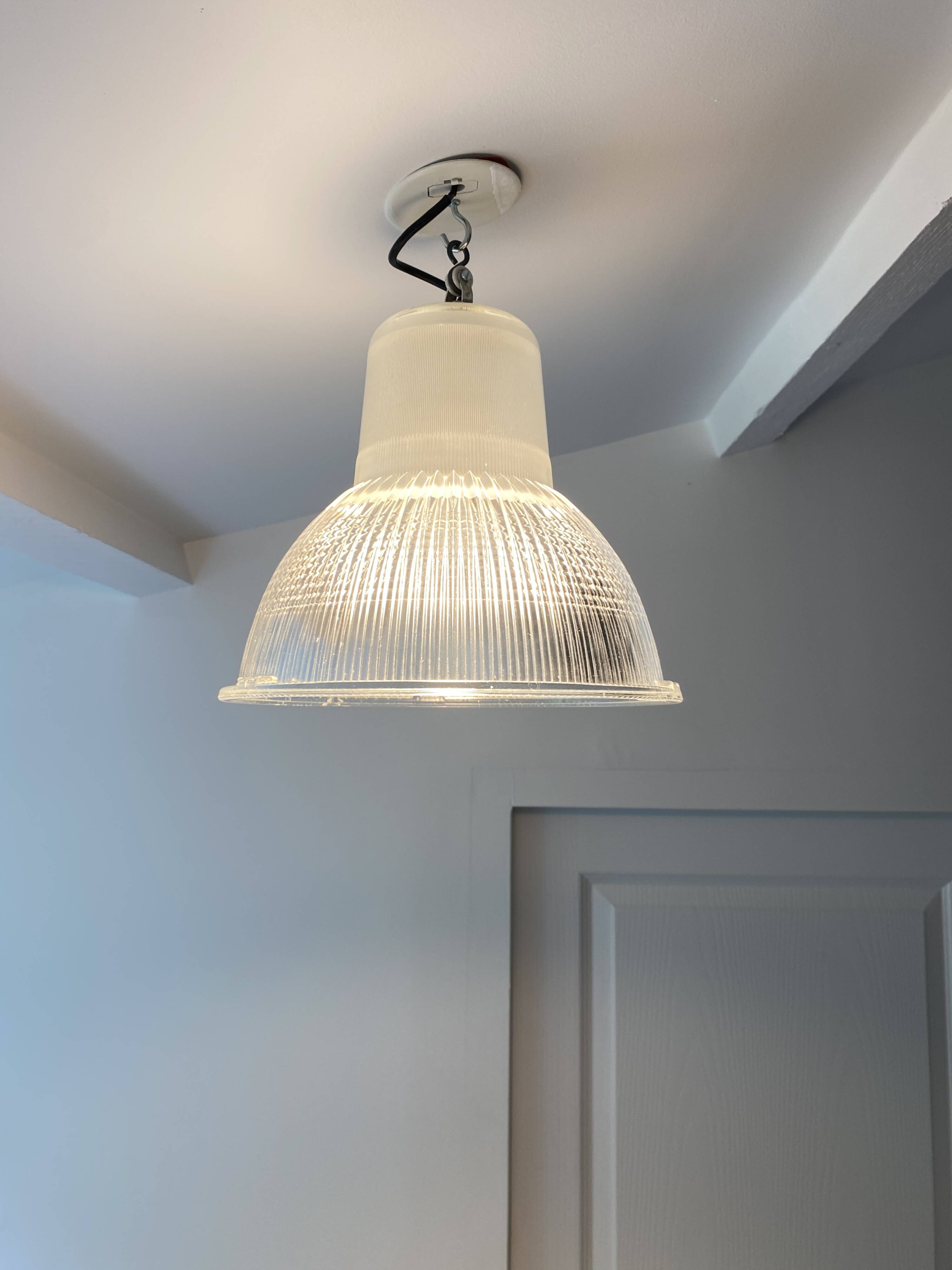 Vintage Holophane Suspension Chandelier from the 50s/60s, industrial style, transparent striated glass