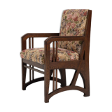 Antique Art Nouveau Armchair in Oak and Floral Upholstery, Belgium ca 1900s