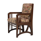 Antique Art Nouveau Armchair in Oak and Floral Upholstery, Belgium ca 1900s
