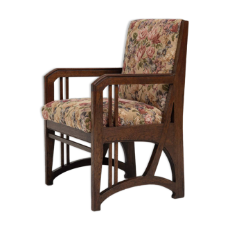 Antique Art Nouveau Armchair in Oak and Floral Upholstery, Belgium ca 1900s