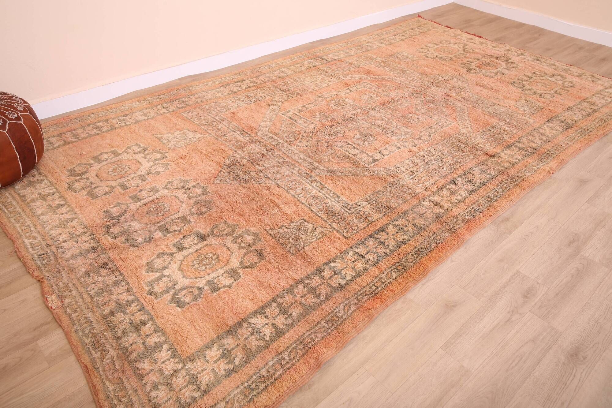Large Vintage Moroccan Rug 203 x 376 cm, Peach Berber Wool Rug Handmade