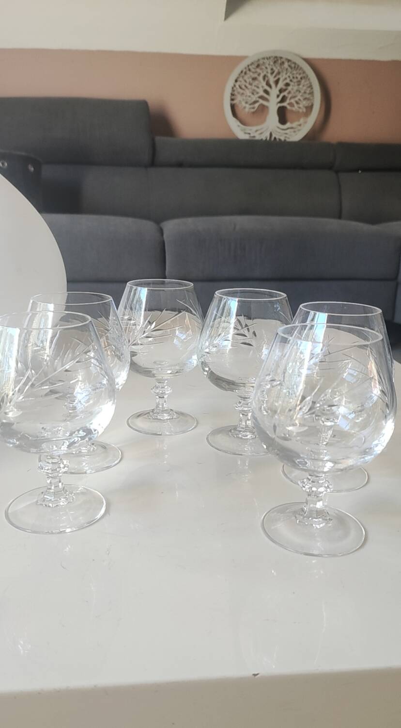Lot 6 Verres Cognac/Cristal Arques. Model Fleury engraved with Wheat Ears.