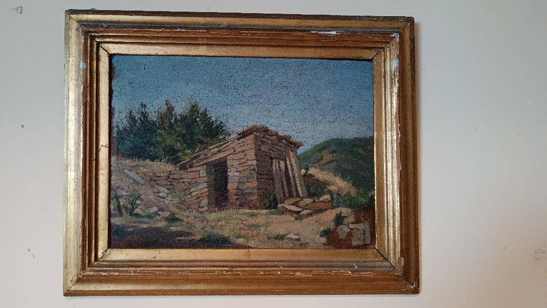 peinture de paysage à l'huile sur carton, cadre ancien du début des années