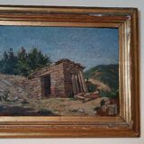 peinture de paysage à l'huile sur carton, cadre ancien du début des années