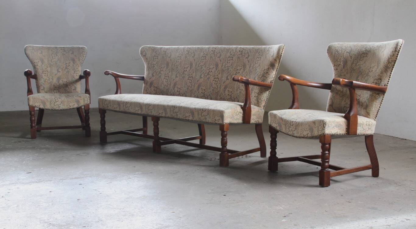 Vintage Danish Art Deco Pair of Armchairs in Solid Oak - 1940s