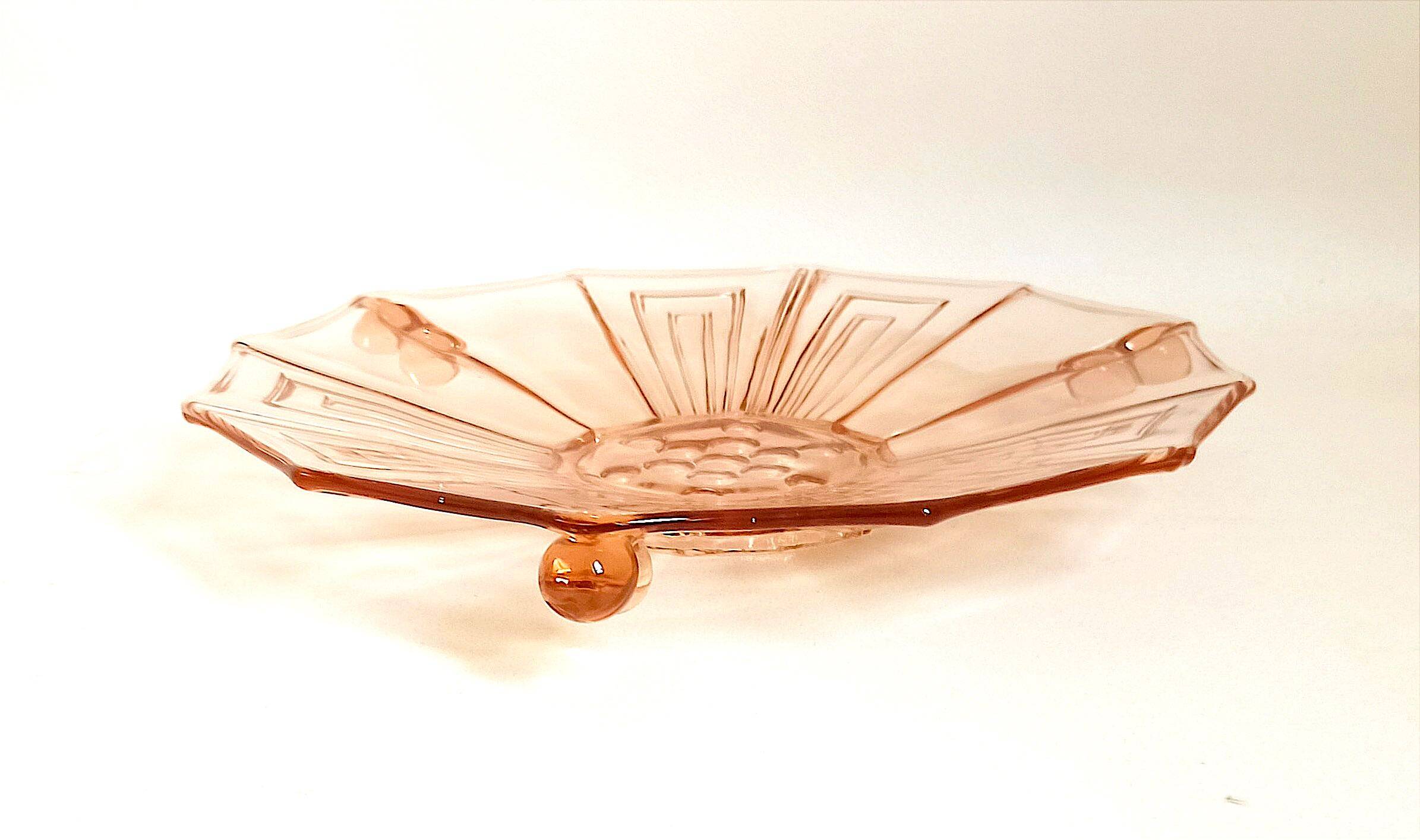Art Deco pressed molded pink glass fruit bowl Diameter 30 cm.